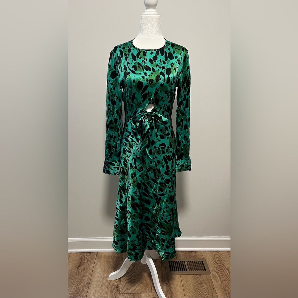 Green satin leopard print long sleeve dress with cutout